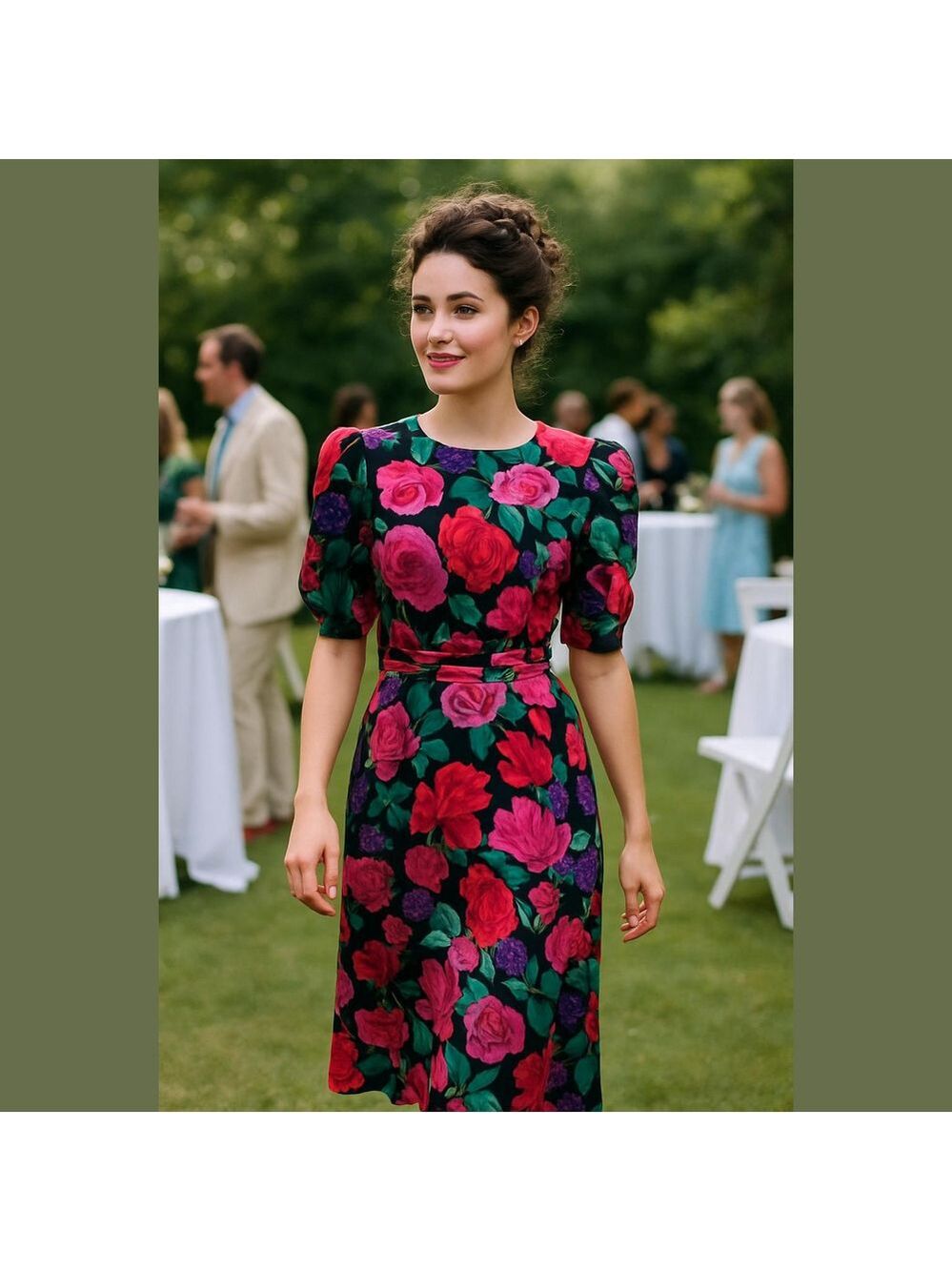80s NUIT SILK BLK & PINK ROSES PUFFED SLEEVE FIT & FLARE SASHED MIDI DRESS SZ 4
